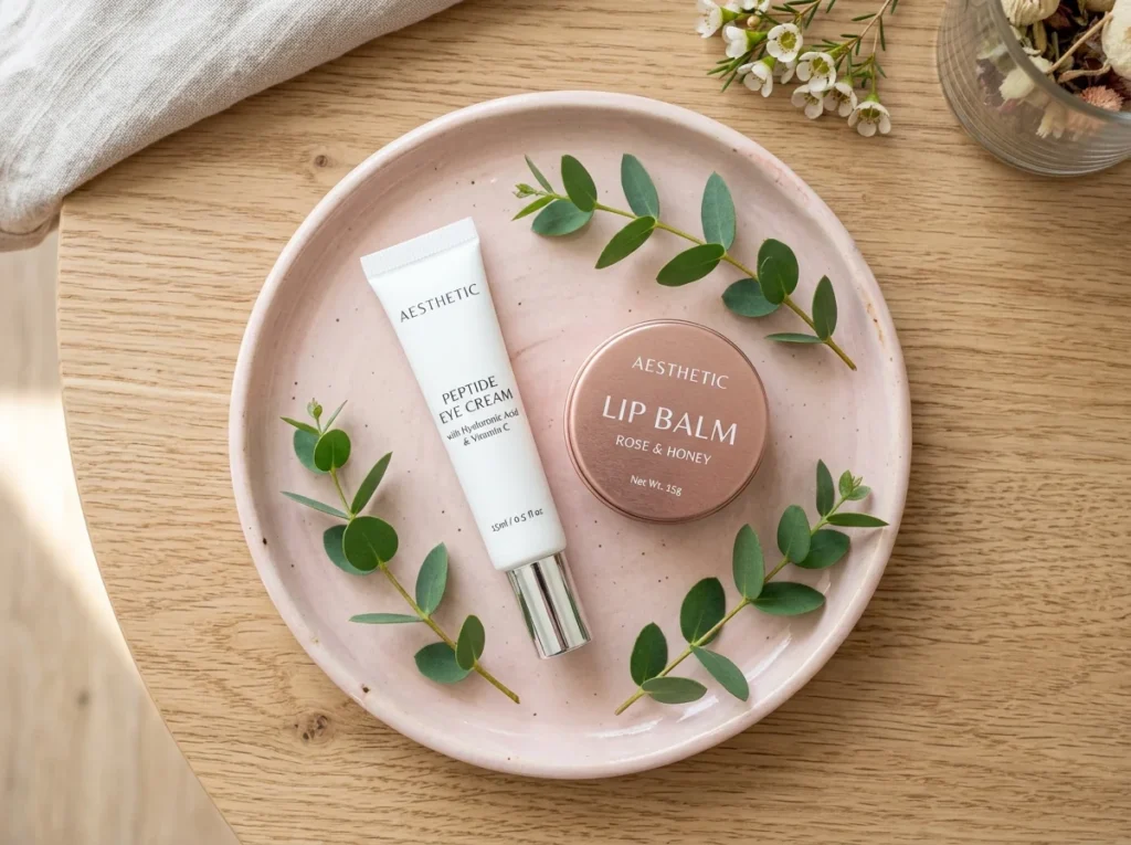 Targeted eye cream and lip balm products arranged neatly for a comprehensive dry skin care routine.
