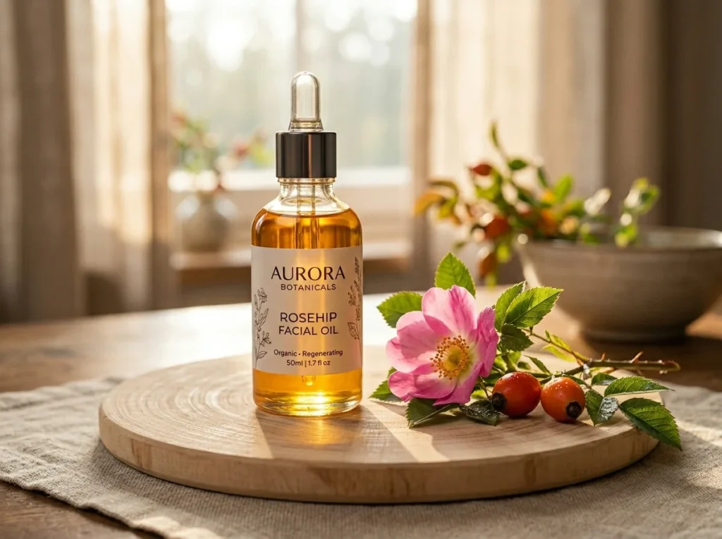 A golden facial oil bottle on a wooden surface used during a nourishing evening dry skin care routine.