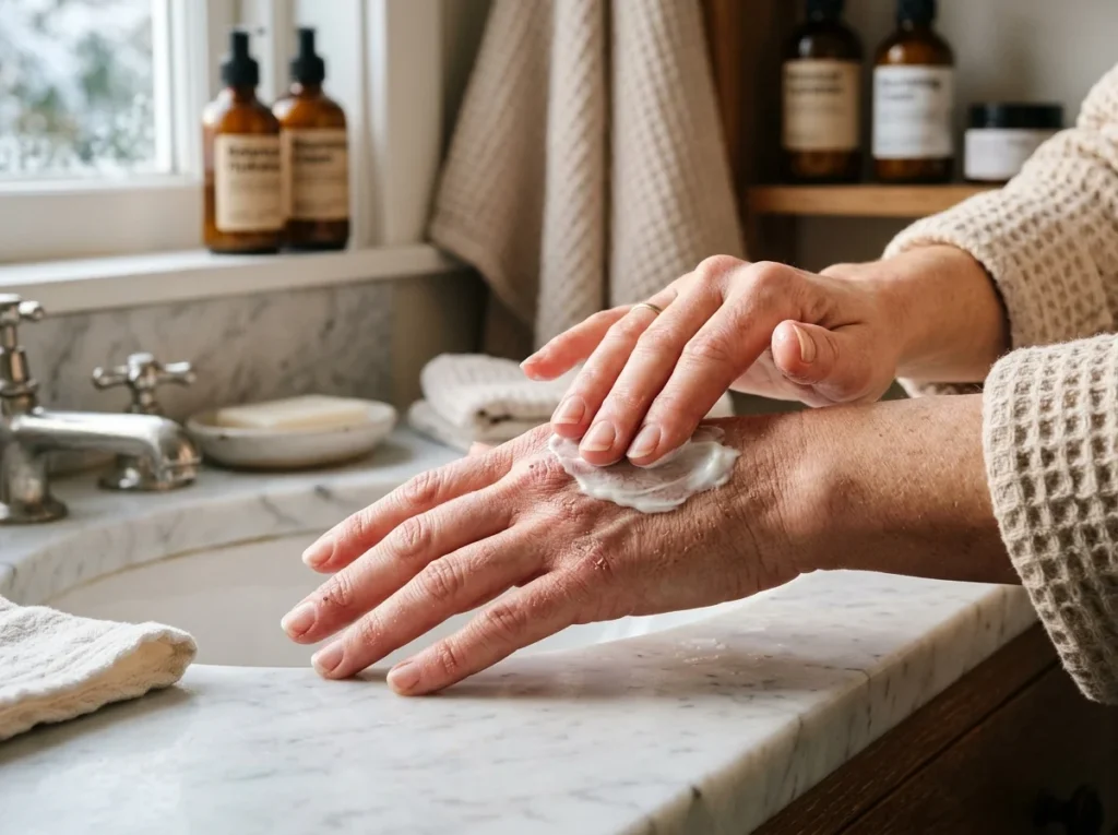 Woman starting a hands care routine for dry damaged skin
