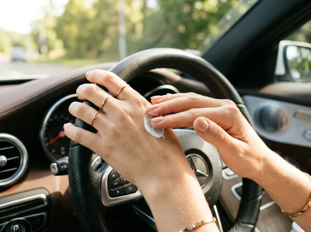 Applying SPF cream during a daytime hands care routine
