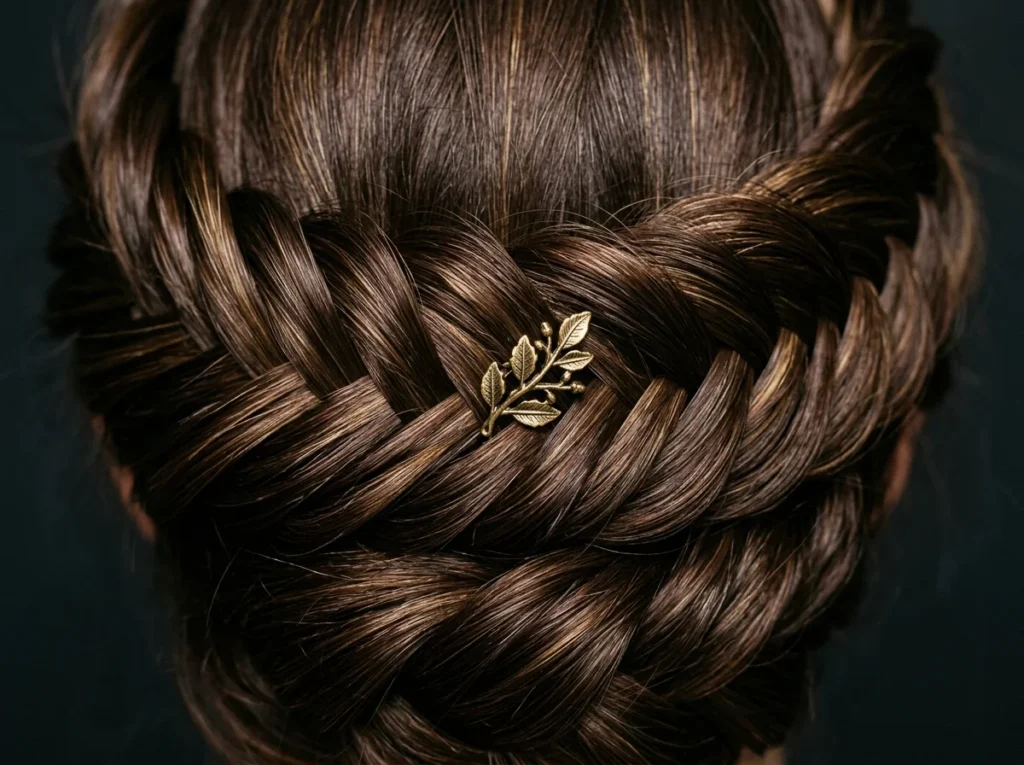 An ultra-detailed macro view of a glossy, intricate fishtail crown braid for prom.