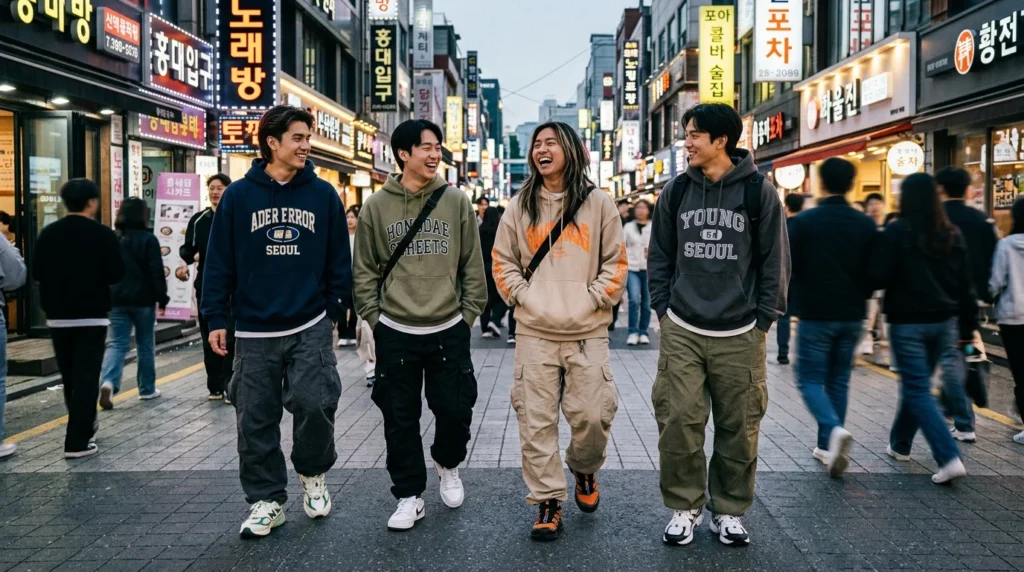Modern Seoul streetwear and Korean aesthetic fashion trends.