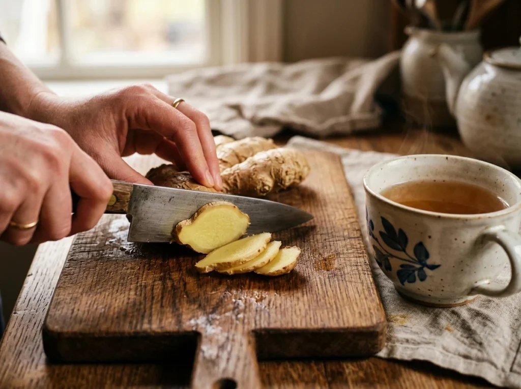 Using fresh ginger root as effective home remedies for nausea.