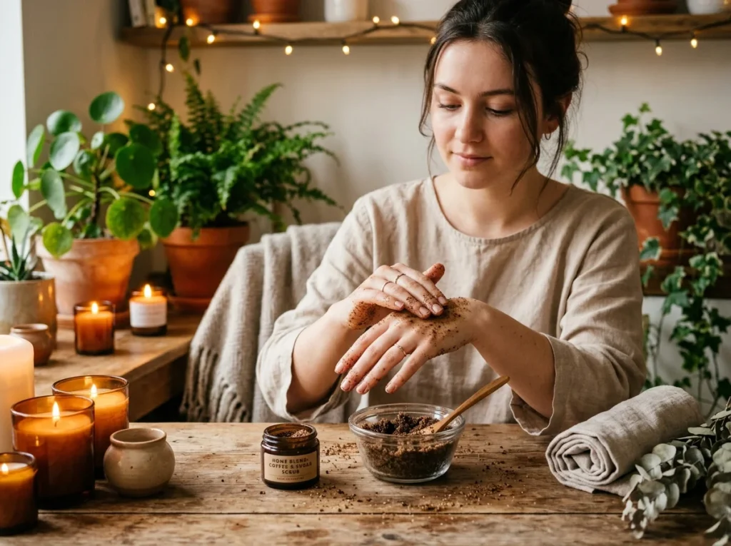 A cozy home spa setup, a girl applying homemade sugar and coffee hand scrub on her hand 