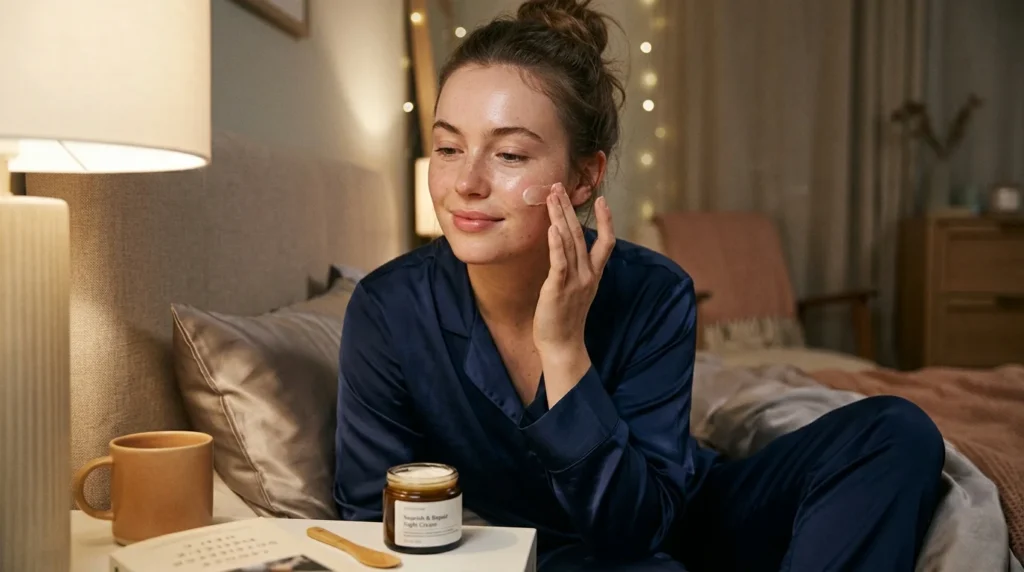 A girl applying a repairing night cream to maintain her sensitive skin care results overnight.