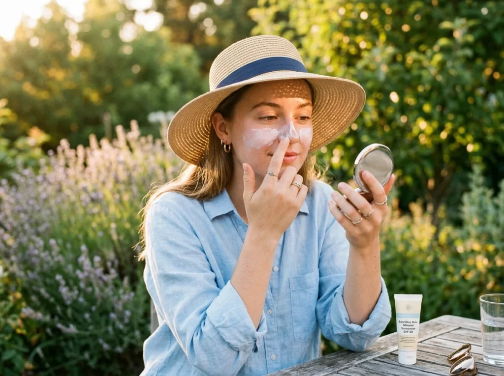 A girl applying mineral sunscreen to protect her face during a sensitive skin care routine.