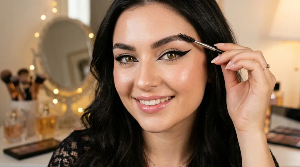 A stylish beauty portrait highlighting eyebrow grooming and perfect brow framing with elegant gothic eyeliner makeup.
