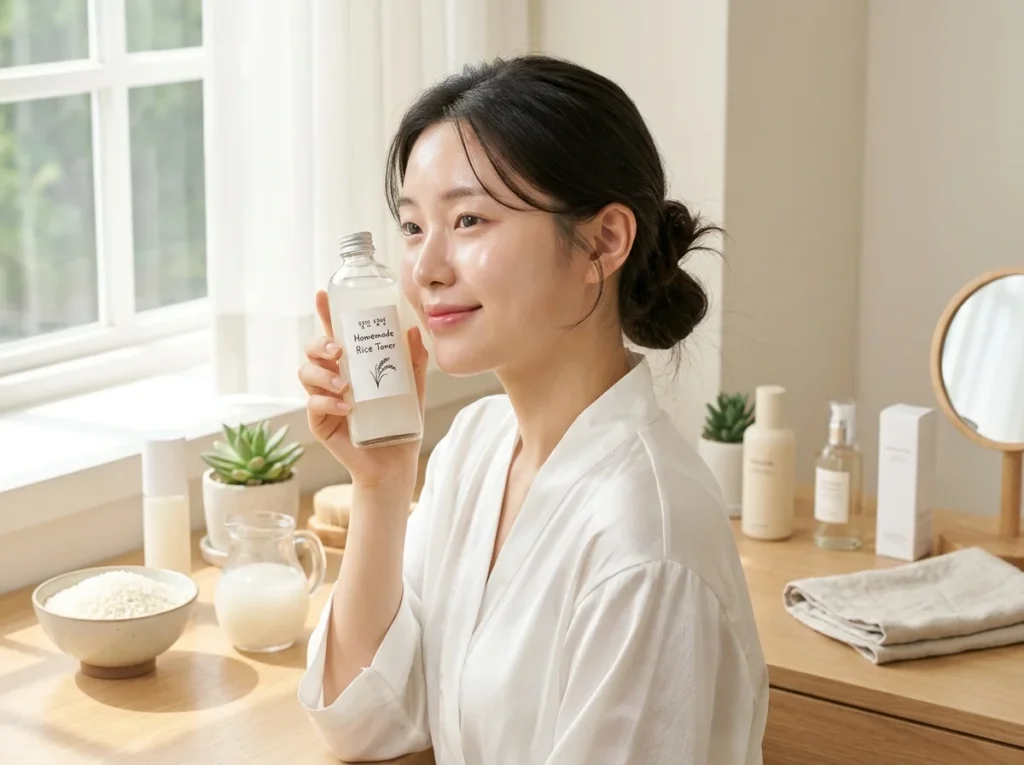 Girl holding a rice toner bottle with glowing radiant skin in a skincare setup.