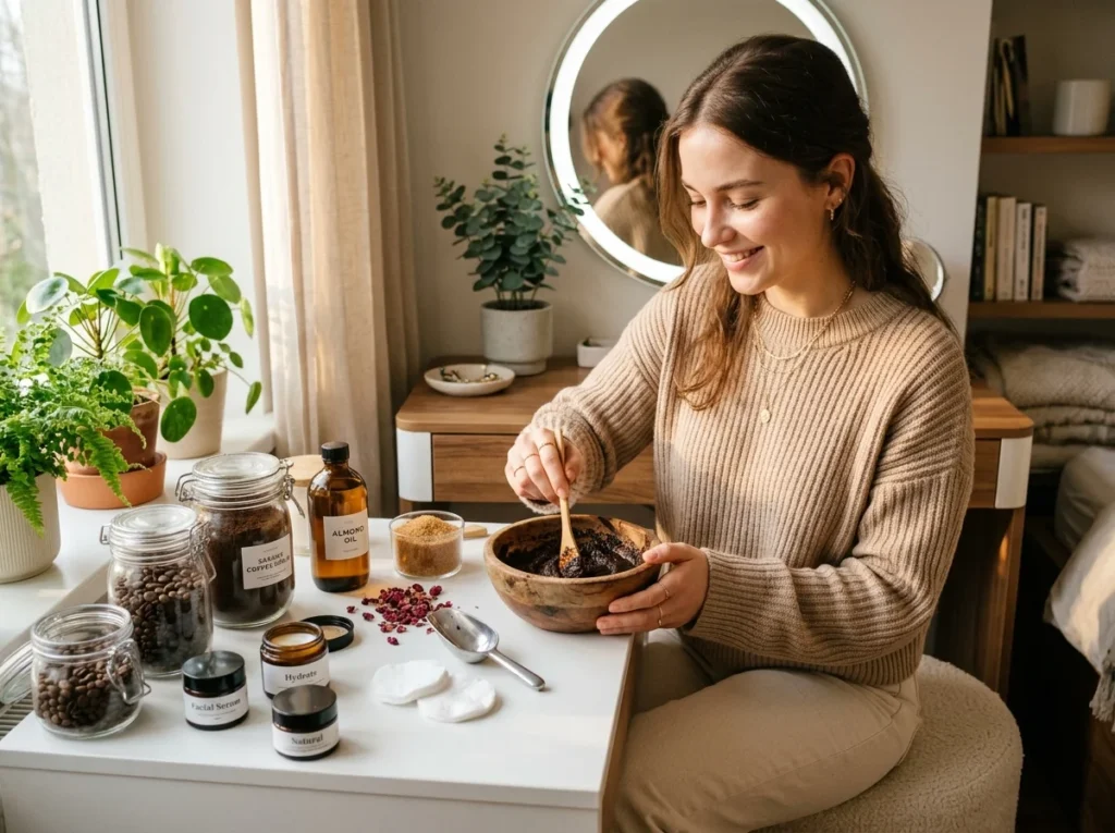 A cozy self-care moment showing a young woman preparing a natural coffee scrub for a glowing everyday skincare routine.