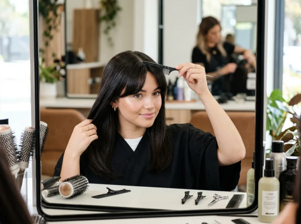 A stylish haircare moment showing precise grooming and perfect parting techniques for flawless curtain bangs styling.