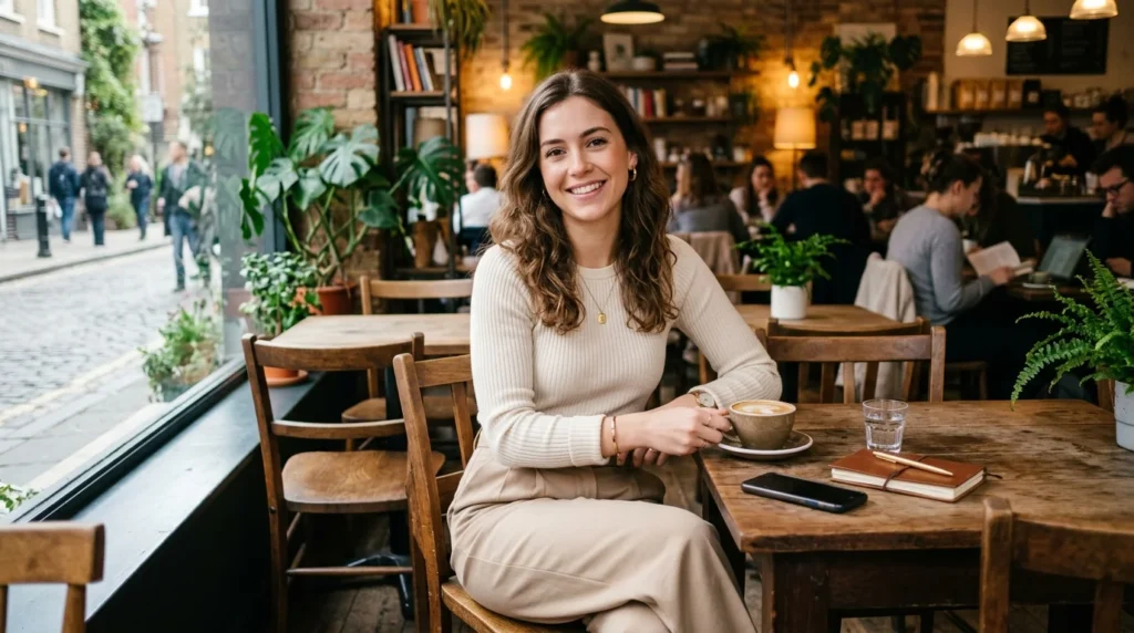 Neutral chic outfits for women with classy café style look
