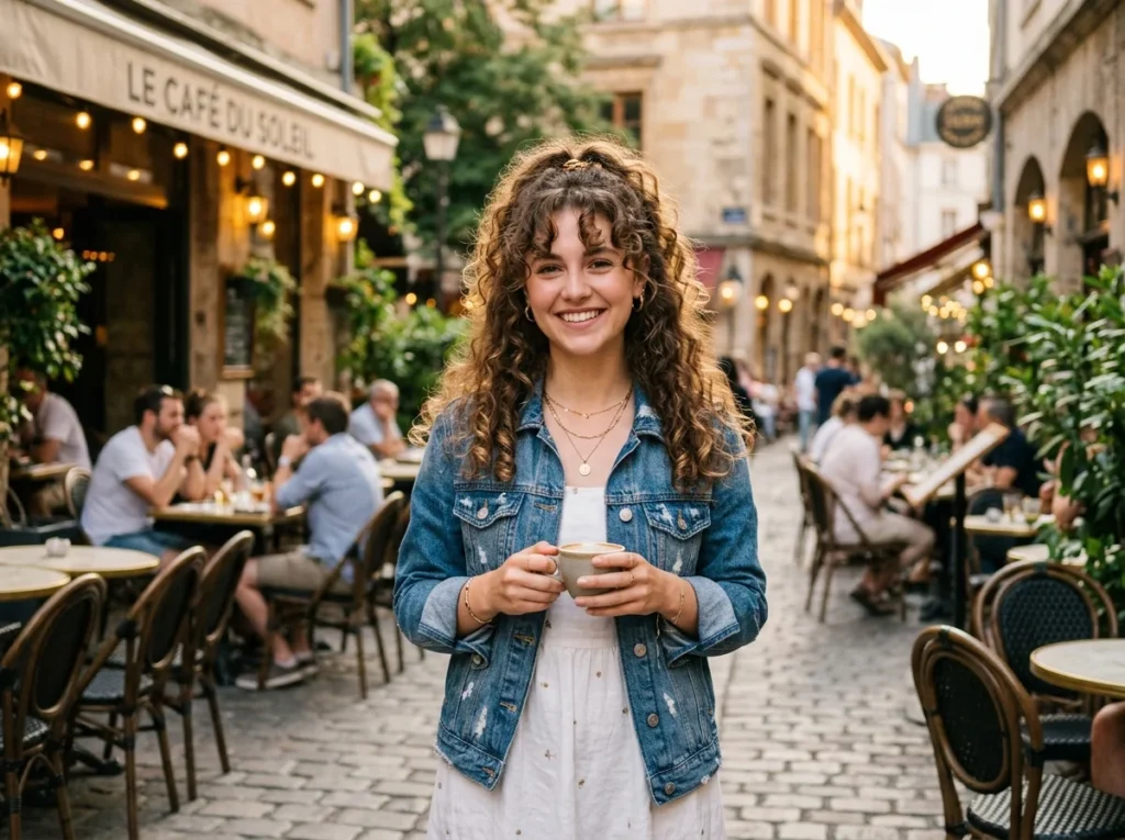 A trendy feminine hairstyle featuring curtain bangs paired with a stylish half-up hair look in a chic outdoor setting.