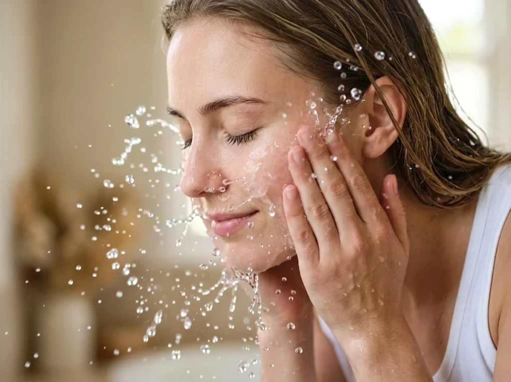 A refreshing shot of a girl cleansing her face using gentle sensitive skin care techniques.