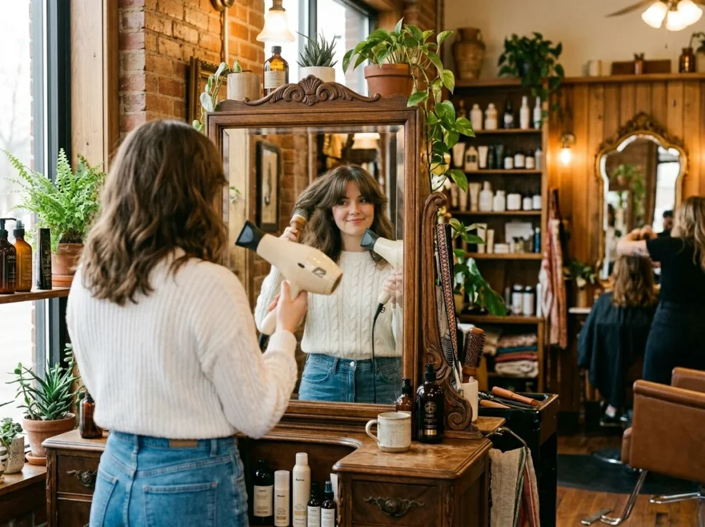 Natural heatless air dry method for achieving effortless curtain bangs.