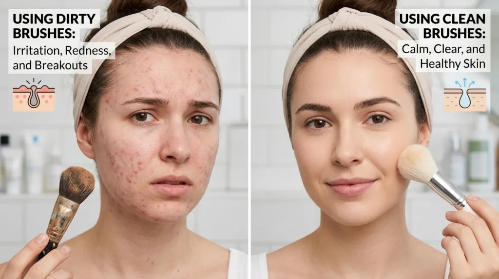 A visual comparison of common mistakes versus correct sensitive skin care habits for clear skin.