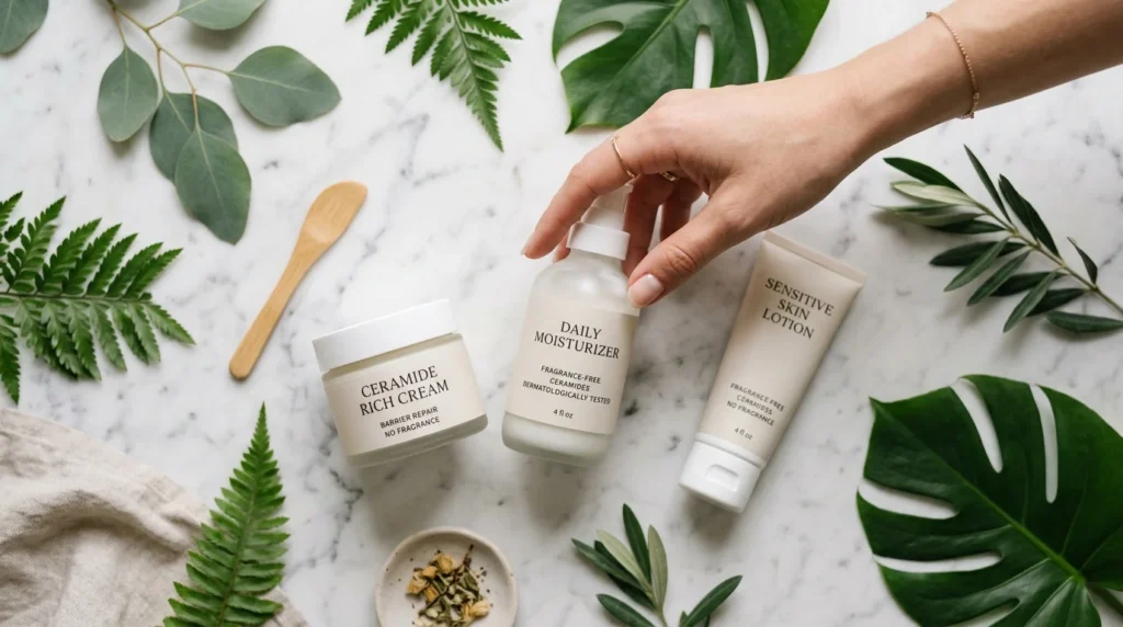 A collection of safe and fragrance-free products curated for a sensitive skin care routine.
