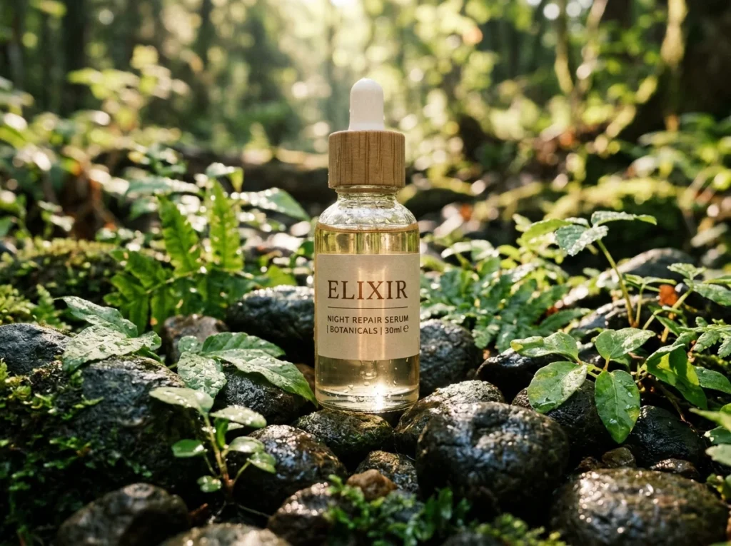 A premium glass serum bottle placed outdoors in natural morning sunlight.