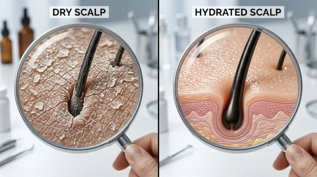 Magnified conceptual view of constricted hair follicle and clogged pores illustrating causes of slow hair growth.