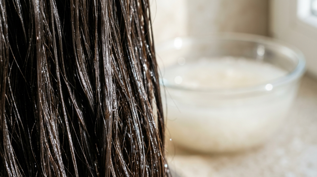 Macro shot of healthy hair strands showing benefits of rice water for hair
