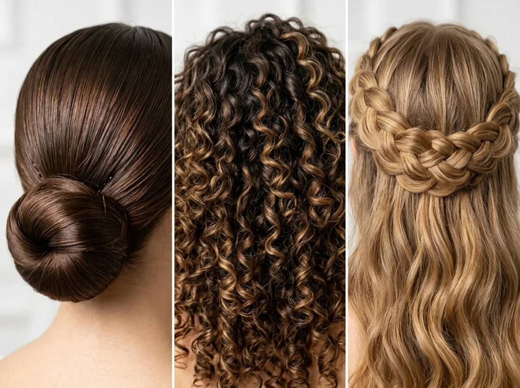 Comparison between sleek bun and curly prom hairstyles for an elegant look.