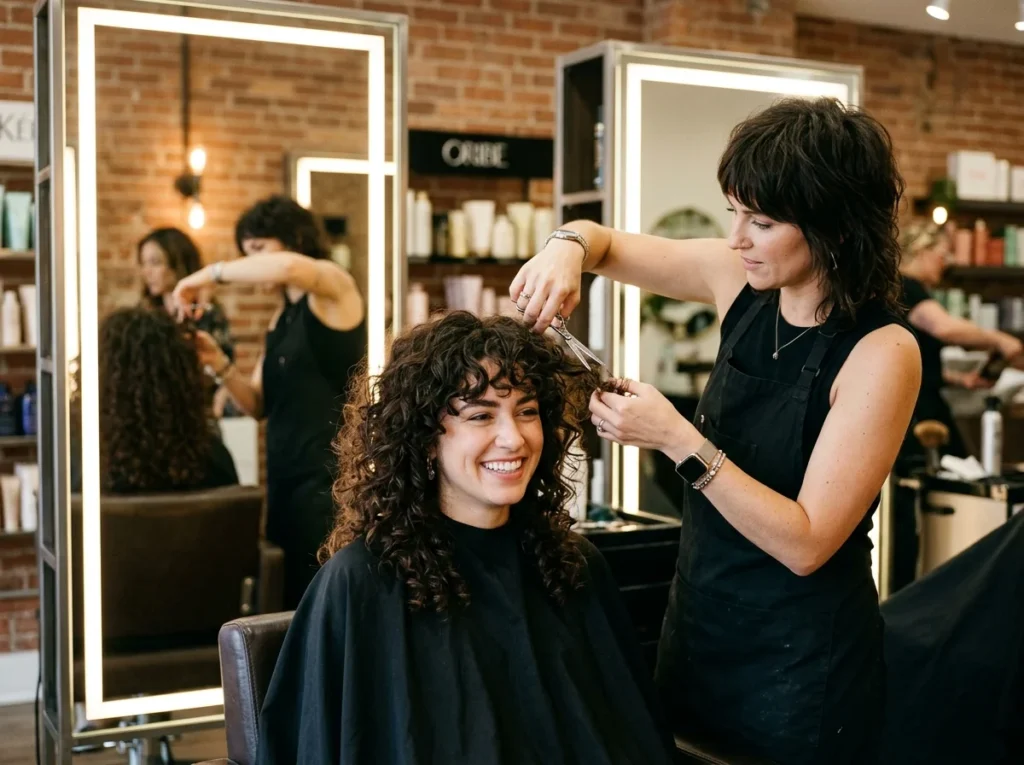 A professional stylist performing a modern shag haircut on curly hair in an upscale hair salon, showcasing textured layers and haircuts for 2026.