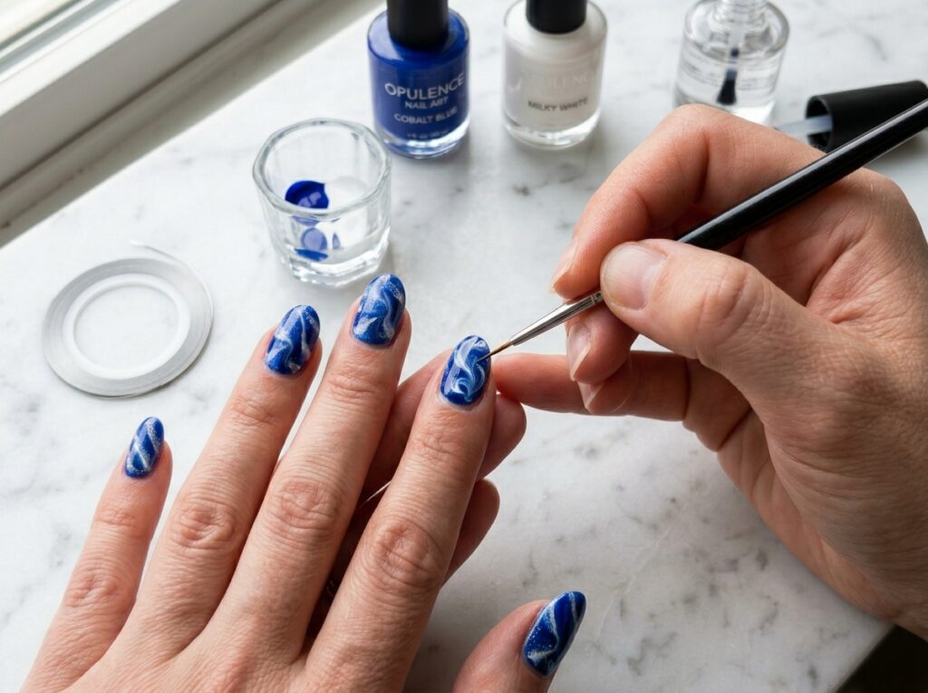 A detailed instructional shot showing how to create blue and white marble nails using a swirl technique at home.