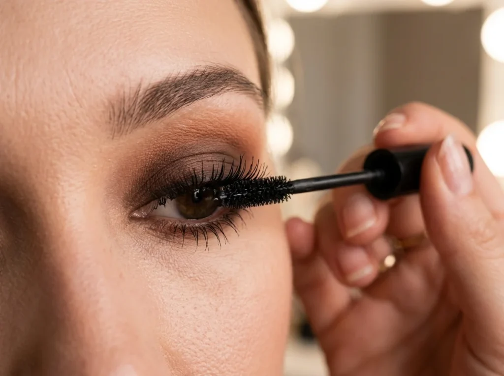 "A professional close-up salon photo demonstrating the final step in successful eye makeup techniques, applying mascara for volume and lift."