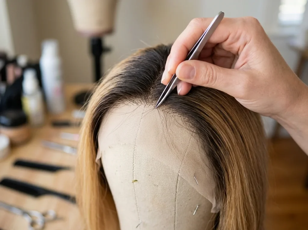 Customizing the lace front hairline of premium ombre wigs.