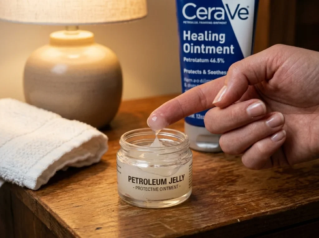 A close-up view showing the thick, occlusive texture of petroleum jelly used for a slugging skincare routine.