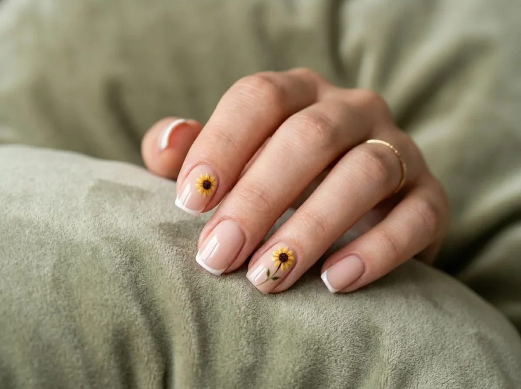 Pastel yellow base for beautiful sunflower nail designs in summer.