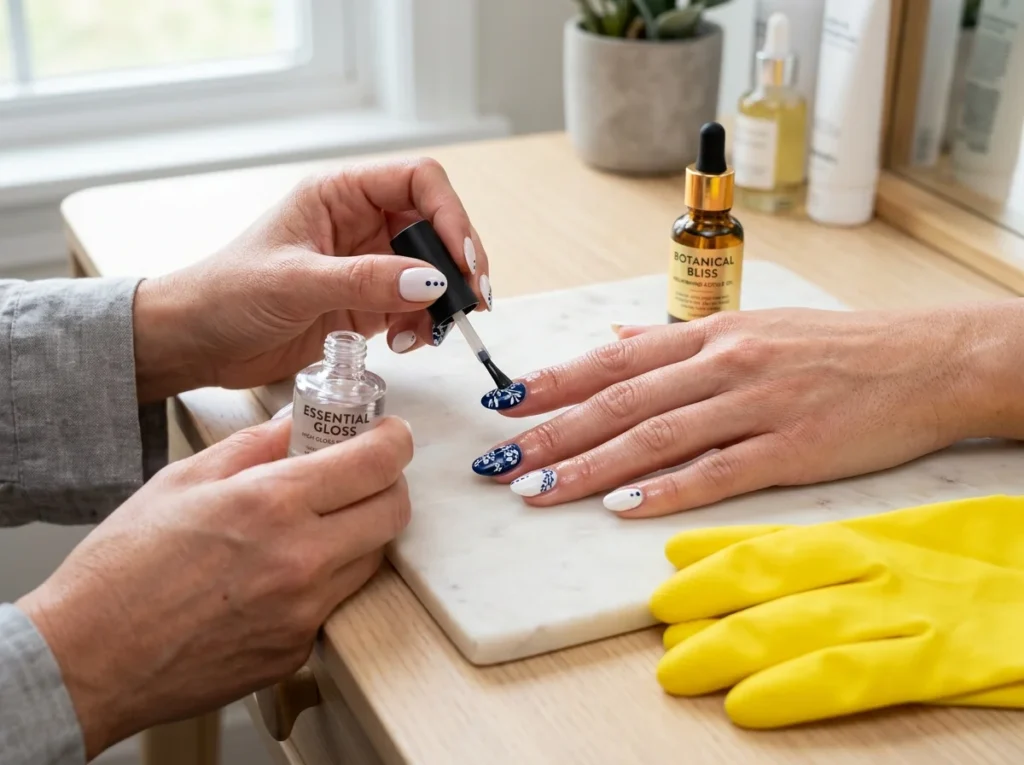 Person applying a protective top coat to blue and white nails for long-lasting maintenance.