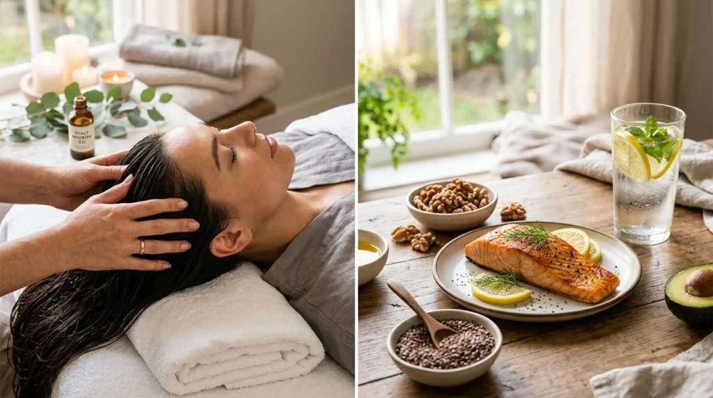 Top hair growth tips featuring scalp massage and nutrient-rich diet for faster results.