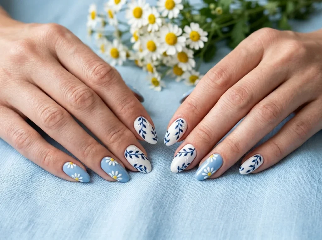 A beautiful, soft-focus shot of elegant hands displaying white daisy patterns and blue leafy vine nail art.