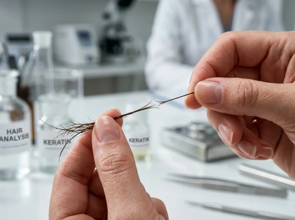 Testing hair elasticity to identify signs of protein deficiency.