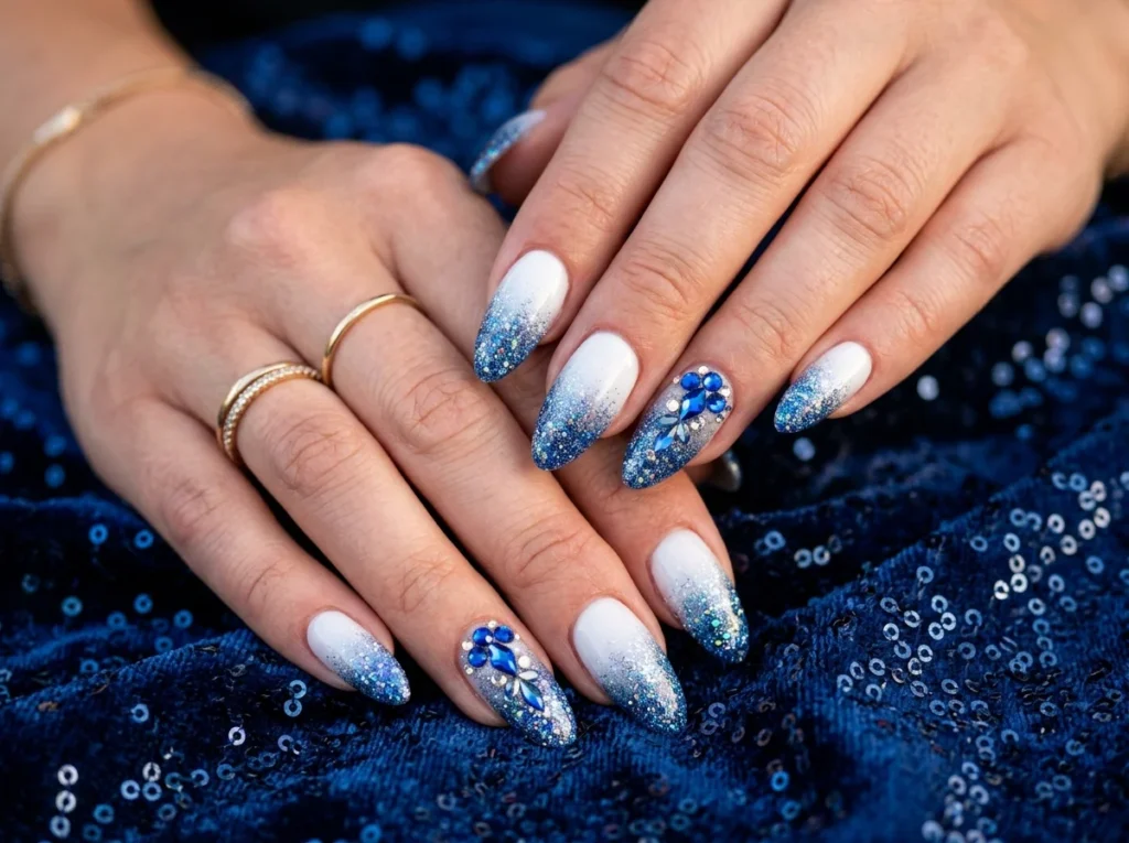 Close-up of white to blue glitter ombre nails with faceted blue rhinestones and crystals.