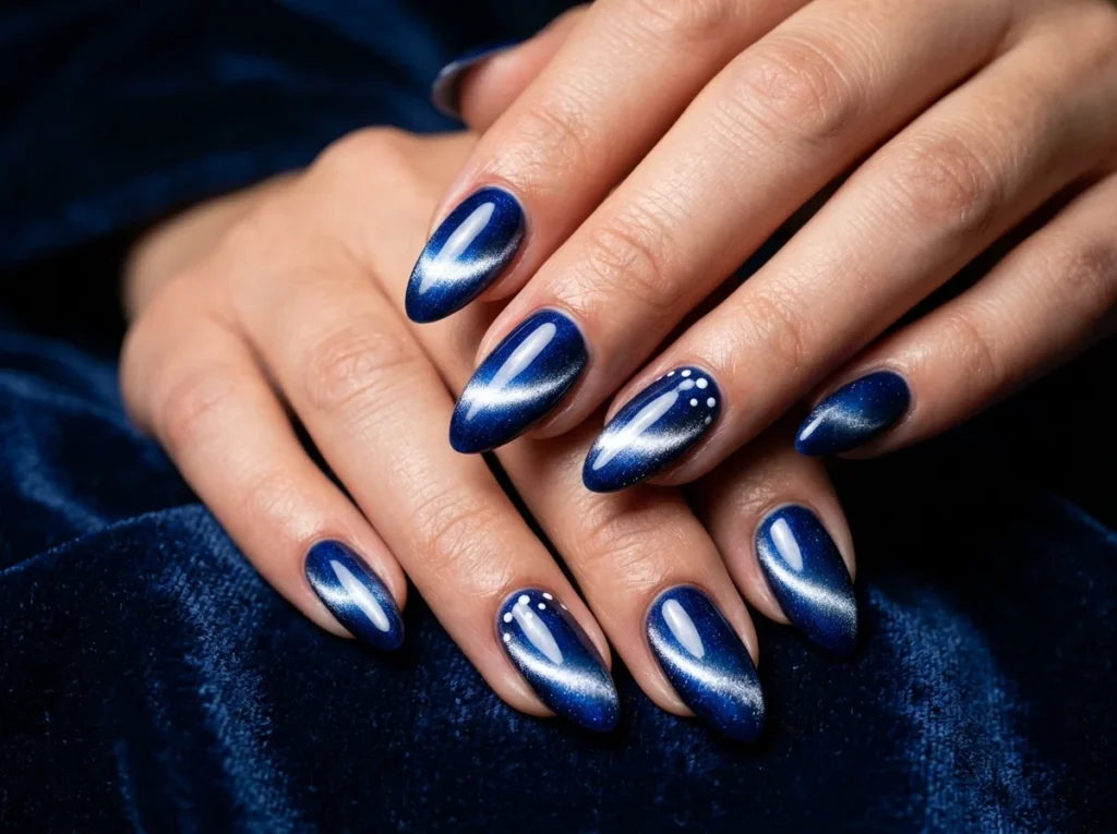 Close-up of velvety sapphire blue cat-eye nails with a dimensional white magnetic shimmer and polka dot accents.