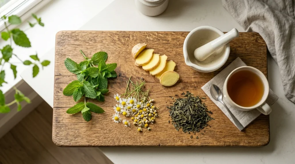 An arrangement of safe daily herbs including fresh mint, chamomile, and ginger on a wooden board next to a cup of herbal tea