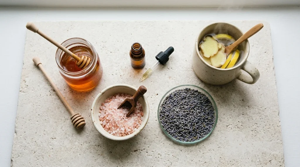 Minimalist overhead view of natural home remedy ingredients like honey, ginger, lavender oil, and sea salt on a clean stone background.
