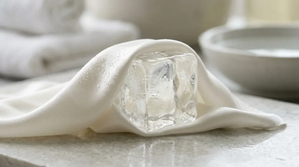 "Wrapped ice cube used in a professional ice facial process."