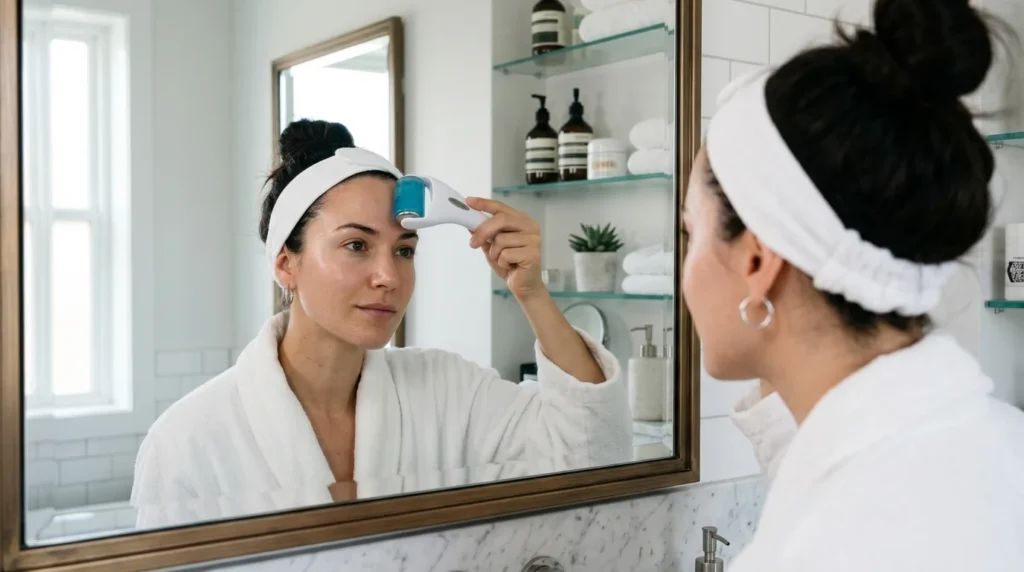 "Using a chilled ice roller for a structured ice facial guide."