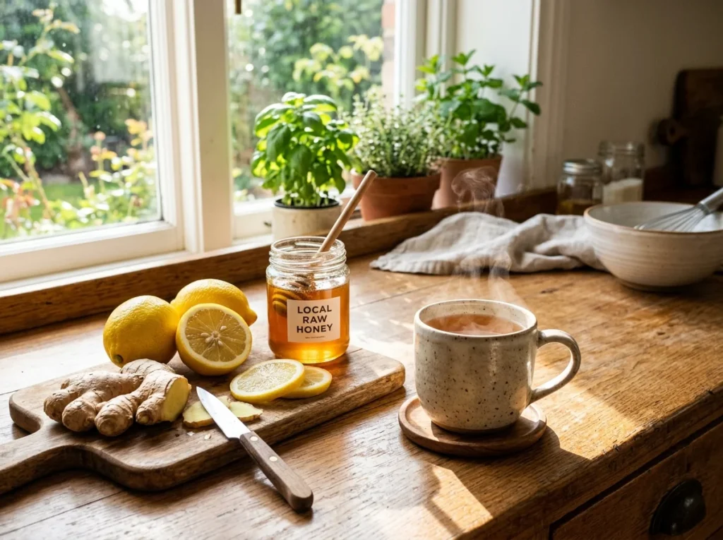 Natural home remedies featuring ginger, lemon, and honey for wellness.