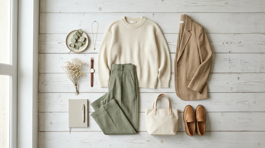 Minimalist Korean clothing flat-lay for reduced visual noise.