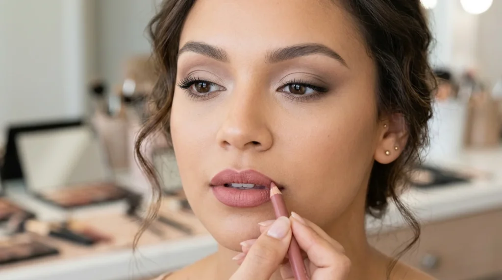 A detailed close-up of neutral eye makeup and precisely lined lips for a balanced and sophisticated professional look.