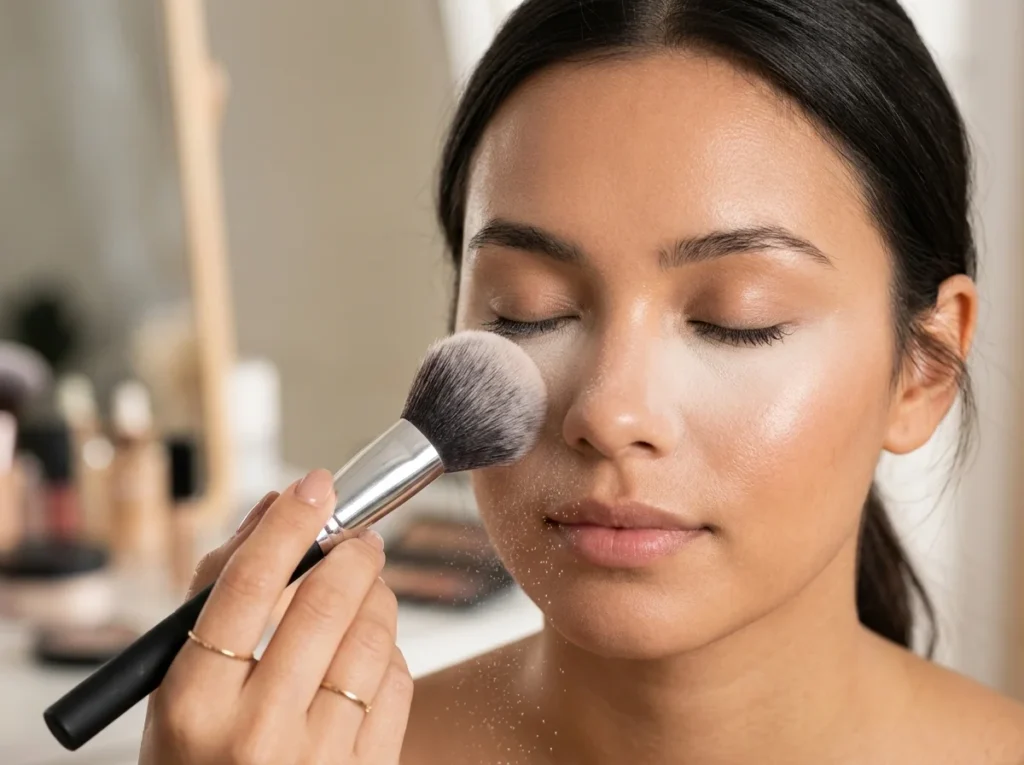 A professional shot of a fluffy brush applying translucent setting powder to the T-zone for a smooth matte finish.