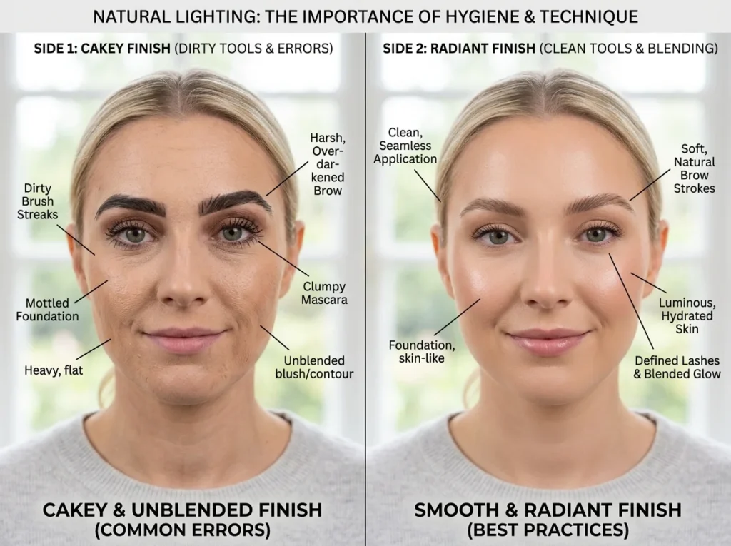 A side-by-side visual comparison showing the difference between cakey makeup mistakes and a smooth professional finish.