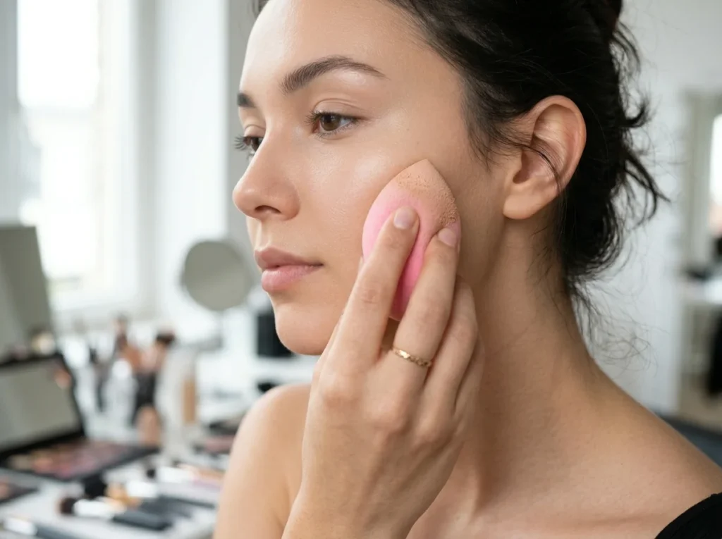 A professional close-up showing a damp sponge blending foundation on the jawline for a seamless and breathable skin-like finish.