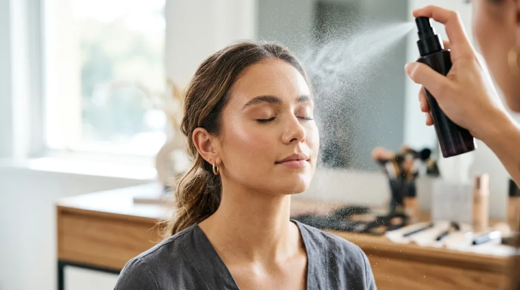 A model receiving a fine mist of setting spray to seal and protect her makeup for long-lasting wear.