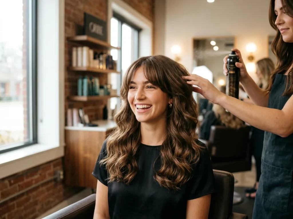 Beautiful woman showcasing trending haircuts and hairstyles for 2026 including layered texture, modern salon styling, and face-shaping techniques for healthy hair.