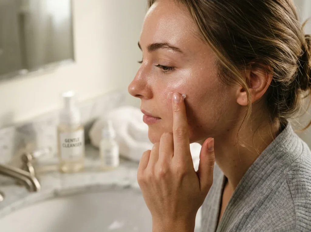 A close-up demonstration of how to apply a thin layer of ointment for a slugging skincare routine at home.