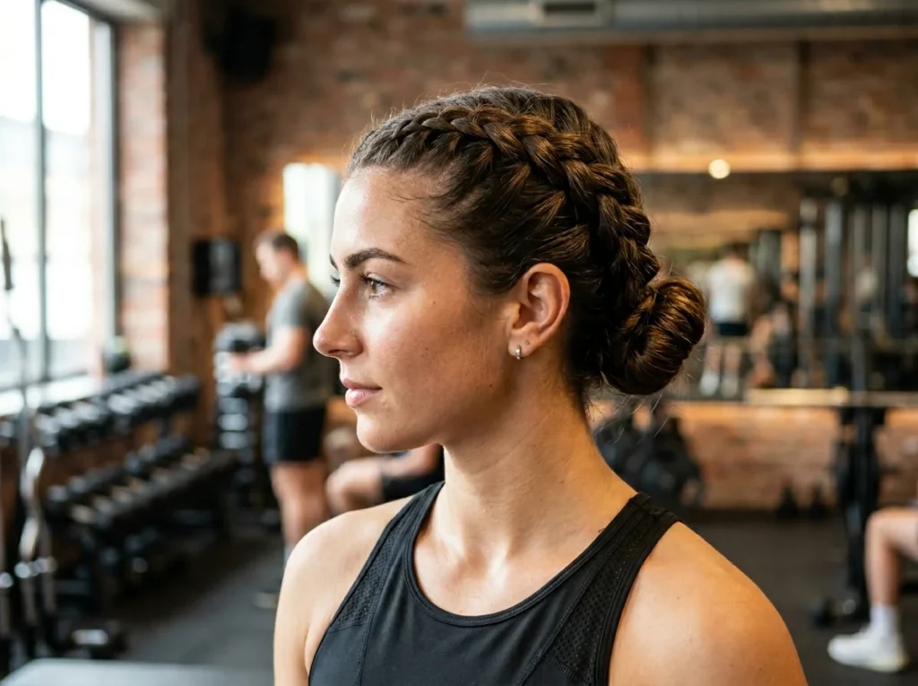 Frustrated athlete discovering reliable Sporty Hair Styles after a messy bun failure.